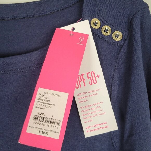 Lilly Pulitzer UPF 50 Sophie Dress Mini 3/4 Sleeve Rayon Stretch Navy Size L NWT - Picture 11 of 12
